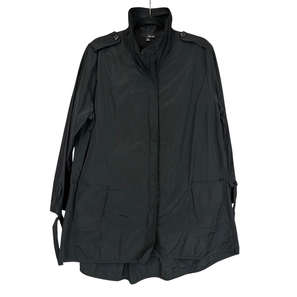 Sun Kim Comfy USA XL Black Zip Up Tied Cuff  Midi Jacket Hidden Placket Coat